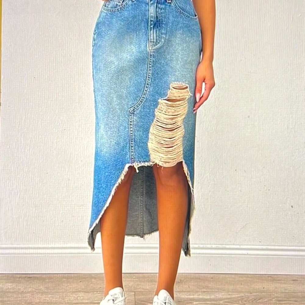 Whats's Hot!! Super Cute Boho Asymmetrical Midi Distressed Denim Skirt! 🛍️😍🔥 - Picture 3 of 14